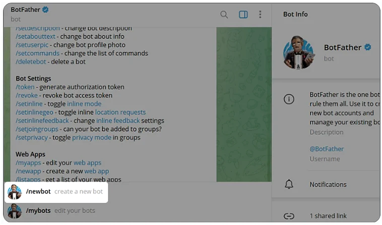 Команда /newbot для создания нового Telegram-бота