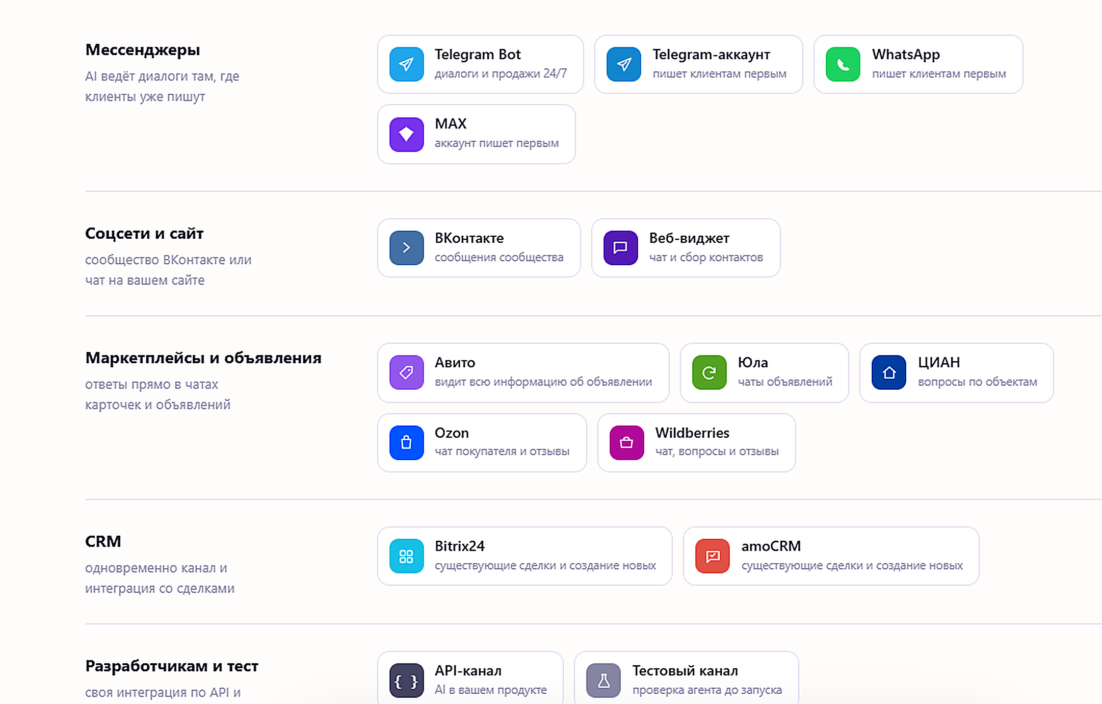 Список каналов Noya: Telegram Bot и аккаунт, WhatsApp, MAX, ВКонтакте, веб-виджет, Авито, Юла, ЦИАН, Ozon, Wildberries, Bitrix24, amoCRM, API и тестовый канал